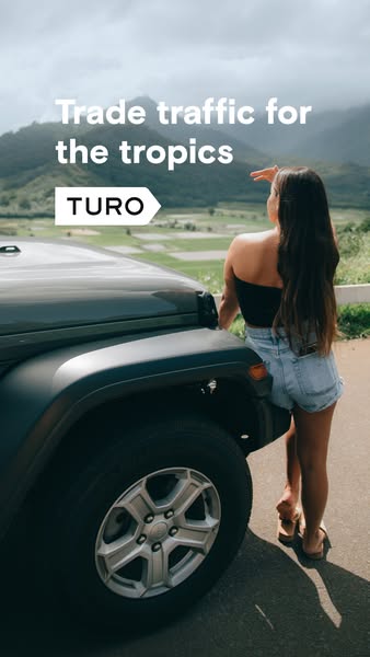 This image ad for Turo features a woman standing next to a car, looking out at a scenic tropical landscape. The ad encou
