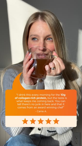 This ad features a blonde woman drinking what appears to be a nutritional shake. An orange testimonial block states that