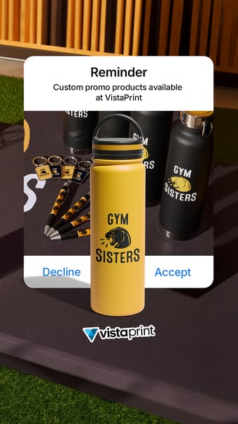 This ad features a variety of custom promotional products from VistaPrint, including water bottles, pens, and keychains,