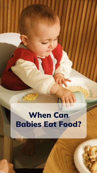 This image is advertising content related to feeding babies and answers the question, 'When can babies eat food?'