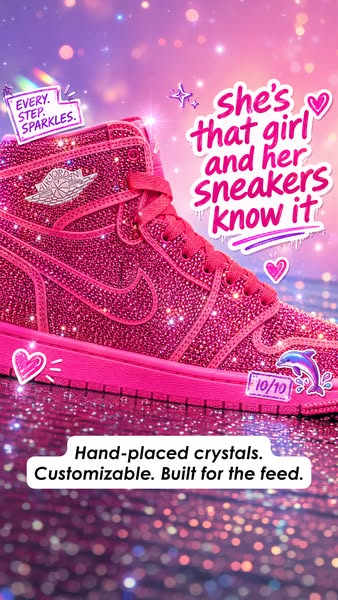 This ad features a hot pink high top bedazzled sneaker on a glittery pink and purple background. The text emphasizes its