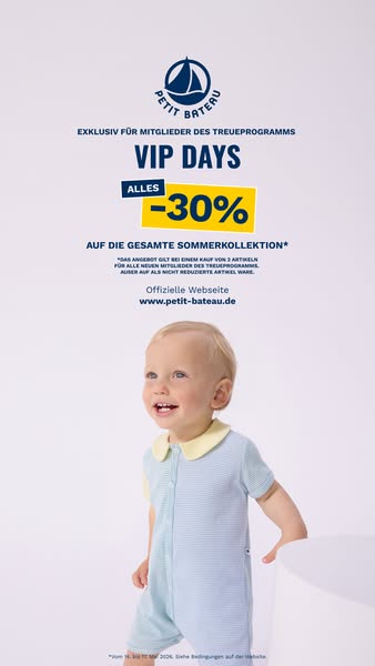 An image ad for Petit Bateau featuring a baby wearing a one-piece outfit. The ad promotes VIP Days with a 30% discount o
