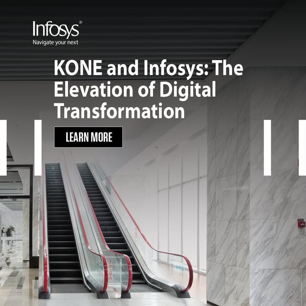 An ad for Infosys featuring KONE that highlights the elevation of digital transformation. The ad shows an escalator with