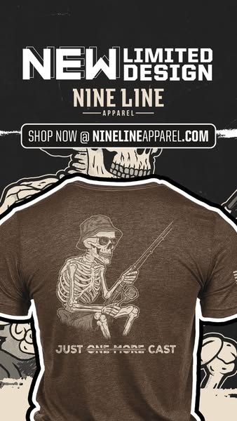 This ad features a t-shirt from Nine Line Apparel. The t-shirt features a skeleton fishing and the ad encourages the vie