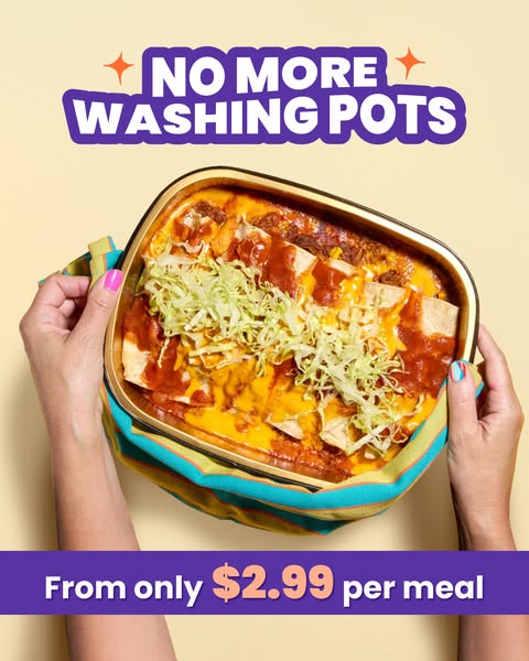 This ad showcases a prepared meal that comes in a disposable container, eliminating the need to wash pots. It appeals to