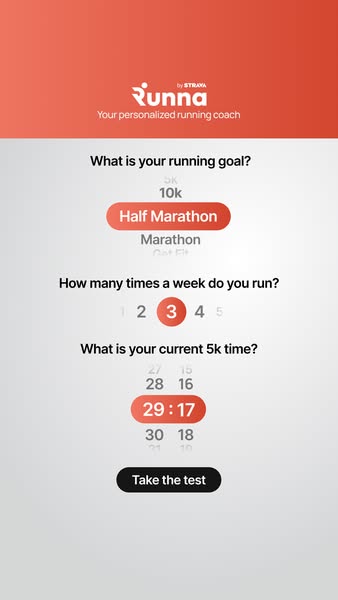 This ad shows the interactive quiz for the Runna app where a user inputs their running goals, how many times a week they