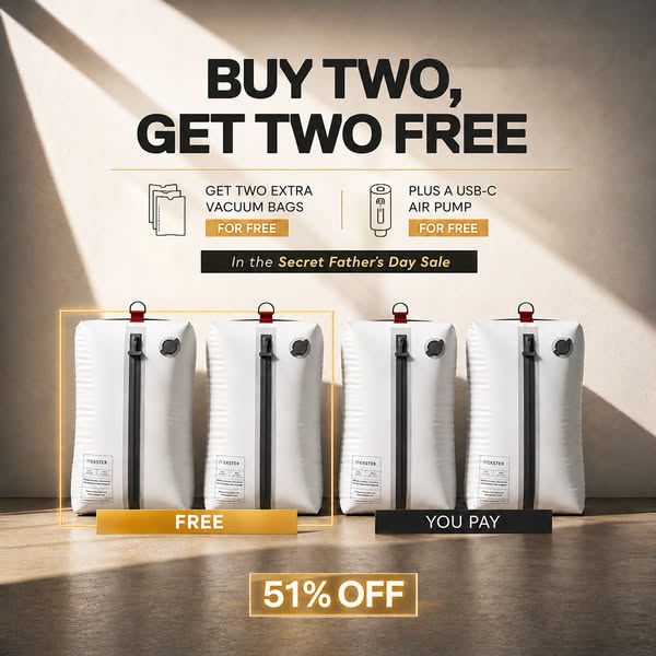 This image ad is for Pekster vacuum storage bags. The ad showcases a buy-two-get-two-free offer in celebration of Father