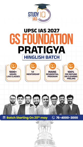 This ad for Study IQ IAS promotes their GS Foundation PratiGya Hinglish Batch, aiming to help students prepare for the U
