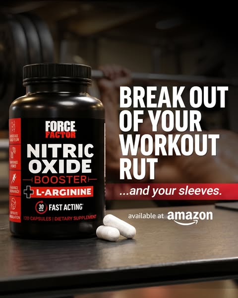 Ad for Force Factor Nitric Oxide Booster, promising to help users break out of their workout rut and build muscle, avail