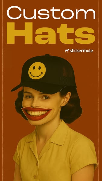 This ad for Sticker Mule features a woman wearing a custom hat with a smiley face on it. The ad uses humor by replacing 