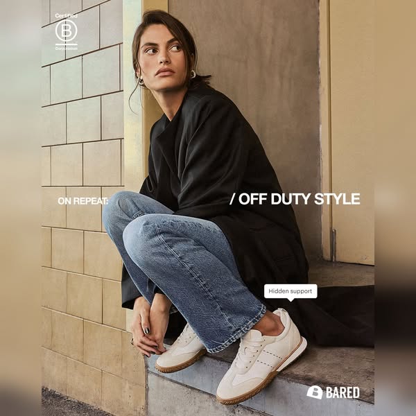 This ad features a woman in casual clothing wearing Bared brand sneakers. The ad calls out the feature of hidden support