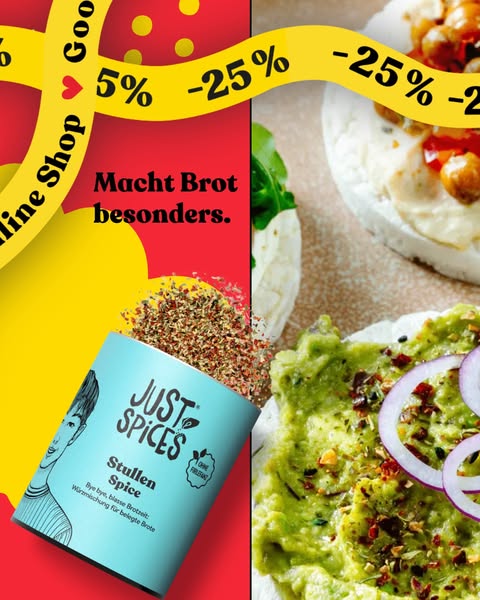 This ad for Just Spices features a split screen, with one side highlighting the brand and product and the other side dis