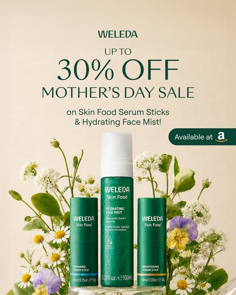 An image ad for Weleda skincare products promoting a Mother's Day sale. The ad showcases Weleda's Skin Food Seru