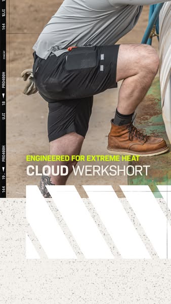 An ad for Cloud Werkshort which focuses on the product's cooling capabilities and targets construction workers or ot
