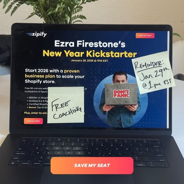 This ad promotes Ezra Firestone's New Year Kickstarter event for scaling Shopify stores, scheduled for January 29, 2