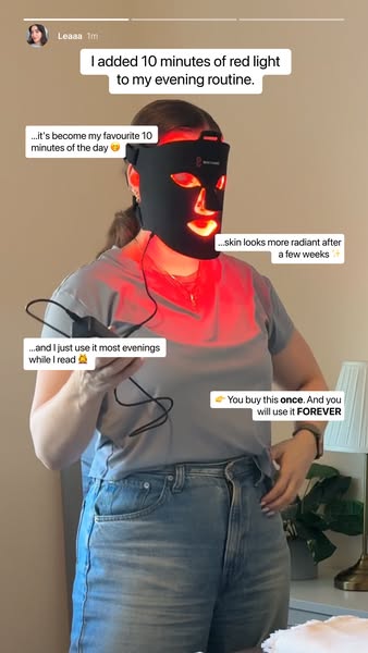 The ad features a woman using an LED face mask as part of her nighttime routine. The ad uses a quote from the woman abou