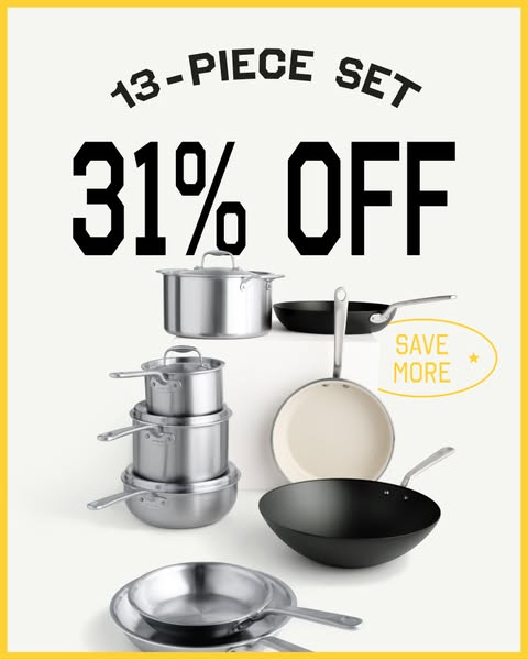 This ad showcases a 13-piece cookware set with a prominent discount. The visual arrangement and central message are desi