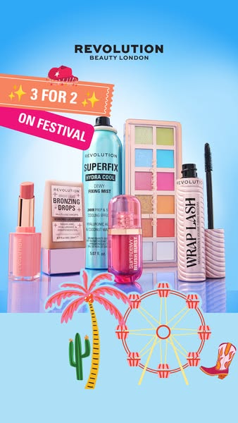 This image features Revolution Beauty products against a blue gradient background, overlaid with summer festival-themed 