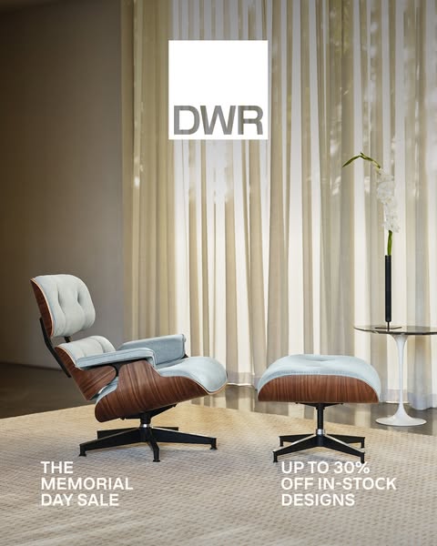 The ad showcases the brand DWR, focusing on a modern chair and ottoman set. It announces a Memorial Day sale, offering u