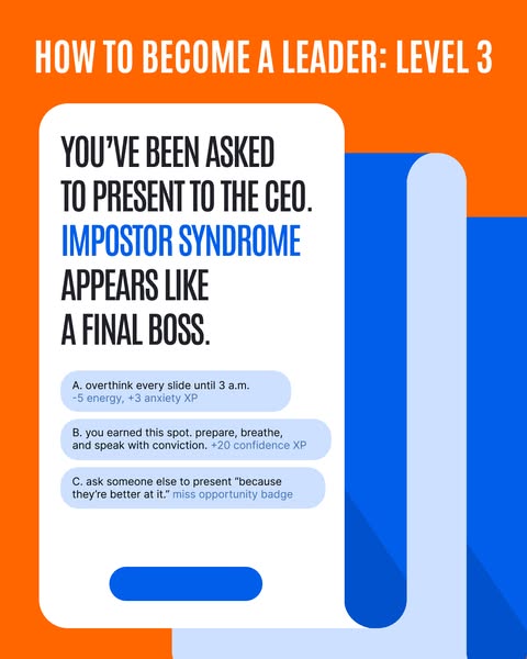 The ad presents a scenario where the viewer has been asked to present to the CEO and is experiencing imposter syndrome. 