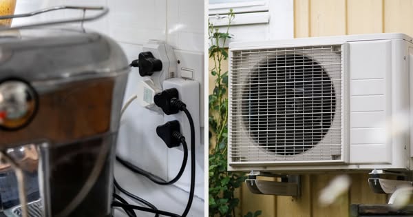 The ad shows a side-by-side comparison of a multi-outlet adapter overloaded with plugs next to an energy-efficient air c