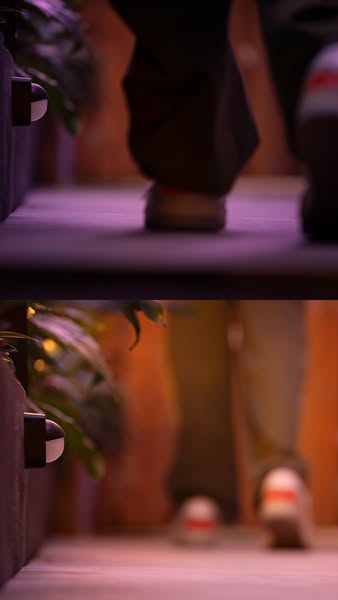 This split screen ad shows someone walking in a modern indoor gardening system.