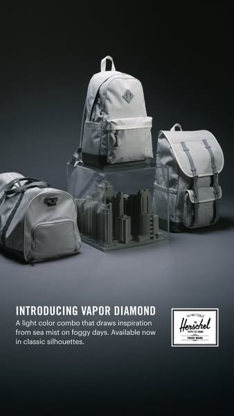 This image ad features Herschel bags in a light vapor diamond color combo that draws inspiration from sea mist on foggy 