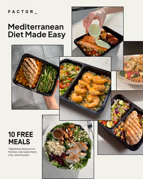 The ad features multiple Factor ready-made Mediterranean diet meals, emphasizes the easiness of the diet and offers a di