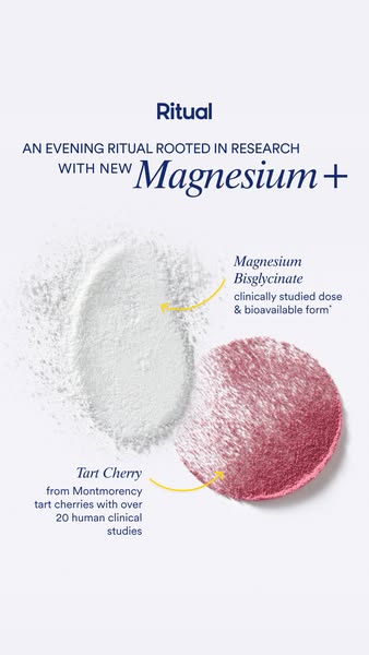 This ad for Ritual promotes their Magnesium+ supplement, highlighting its key ingredients and research-backed formulatio