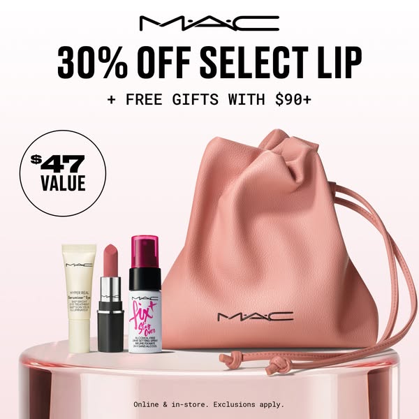 This image ad from MAC Cosmetics features a selection of lip products along with a free gift with purchase. The ad promo