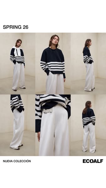 This ad showcases Ecoalf's new spring collection, featuring a model in various poses, highlighting a blue and white 