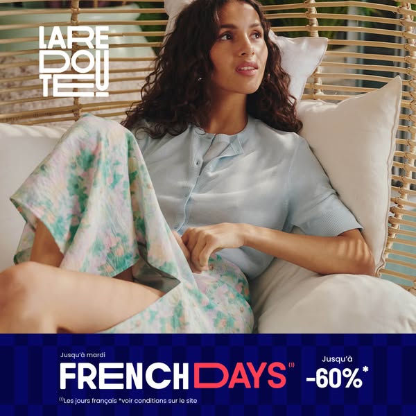 This image ad for La Redoute promotes their French Days sale with a discount of up to 60% off.