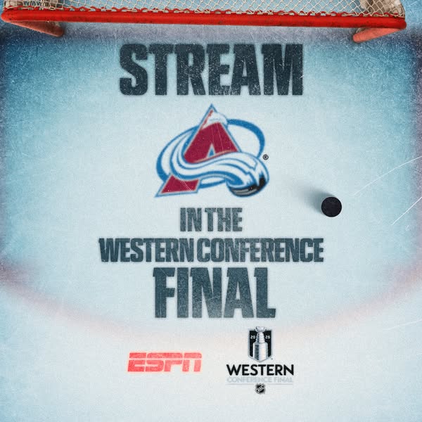This ad promotes streaming the Western Conference Final hockey games. The ad features a simulated ice rink background, t