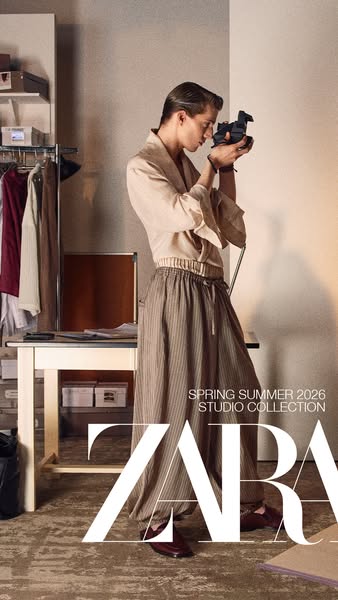 This ad for Zara's Spring Summer 2026 Studio Collection showcases a man in the clothing line, holding a camera in wh
