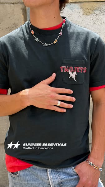 This image ad features a person wearing various jewelry items from Two Jeys, a brand that specializes in handcrafted jew