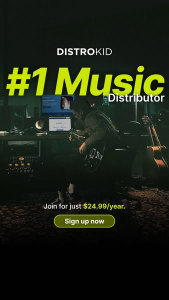 This ad for DistroKid features a musician playing guitar in their home studio. The ad highlights DistroKid as the #1 mus