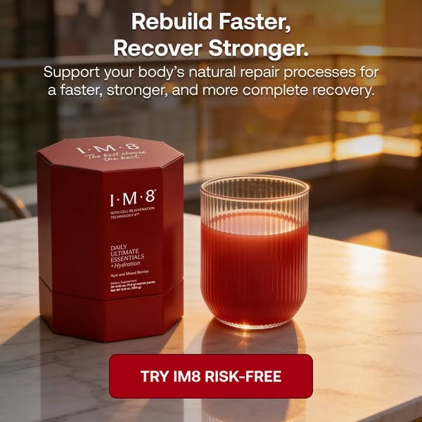 This image ad for IM8 features an octagon-shaped container next to a glass of red liquid and promotes cell rejuvenation.