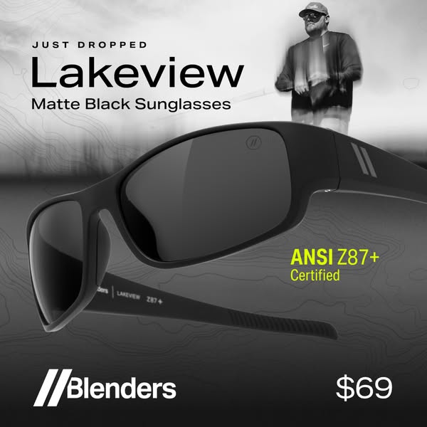 This image ad showcases Blenders Eyewear's Lakeview matte black sunglasses. The ad emphasizes the sunglasses' st