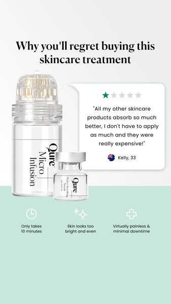 This ad for Qure skincare features a testimonial from a customer who says that other skincare products absorb better and