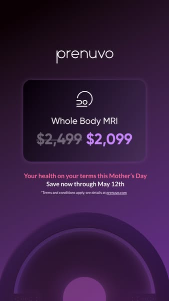 This ad for Prenuvo promotes a discounted whole body MRI for Mother's Day, saving customers $400 if they book before