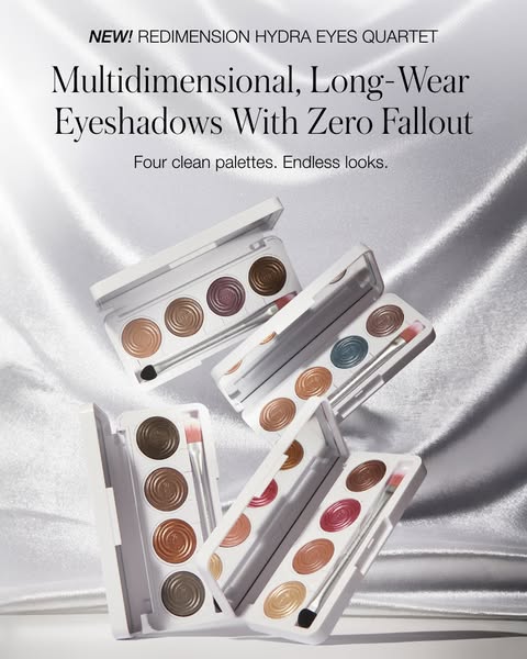 This ad showcases the ReDimension Hydra Eyes Quartet eyeshadow palettes. It emphasizes the multidimensional and long-wea