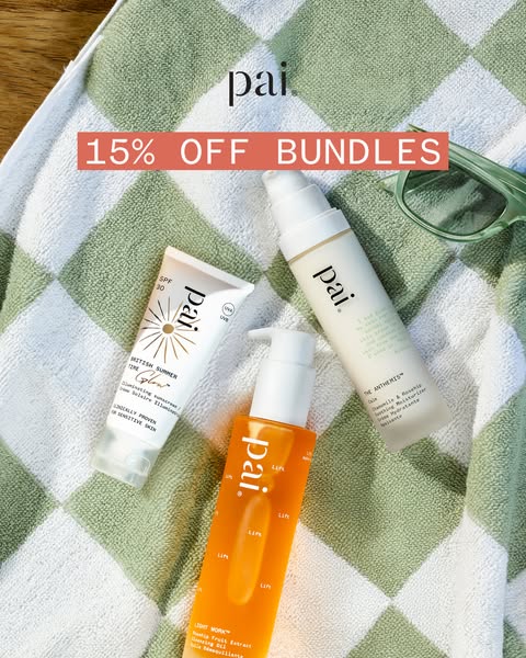 This ad features three skincare products from Pai on a patterned towel, highlighting a limited-time offer of 15% off bun