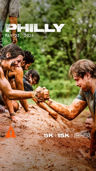 An image ad for a mud run event called "Philly" happening on May 23, 2026, featuring a photo of participants c