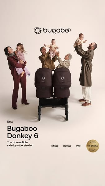 This image ad showcases the Bugaboo Donkey 6 stroller as a convertible side-by-side stroller, suitable for single, doubl