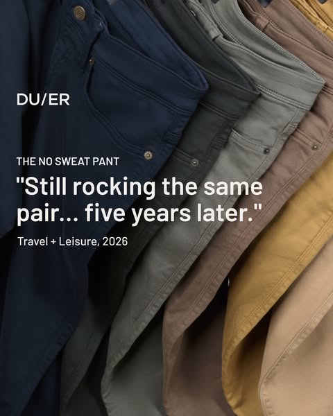This ad highlights the durability and lasting quality of DU/ER "No Sweat Pants" by using a quote from Travel +