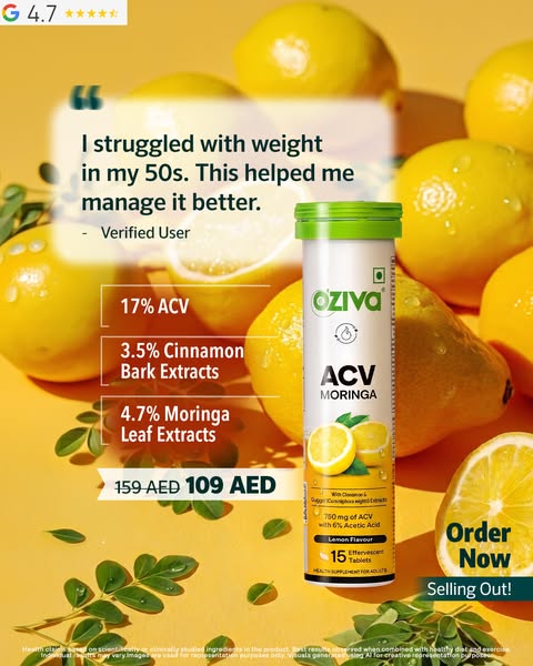 This ad features a testimonial from a woman who states she struggled with her weight in her 50's and that the Oziva 