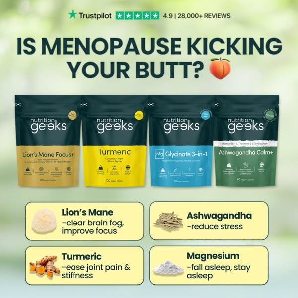 This image ad promotes Nutrition Geeks supplements to help women relieve symptoms of menopause. The ad copy asks, "