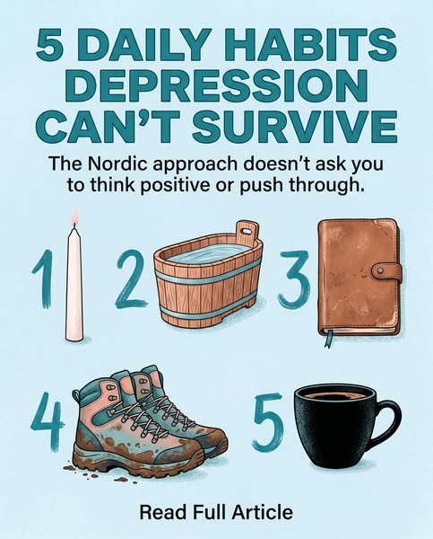 This ad promotes an article listing 5 daily habits that can help one fight depression, taking a Nordic approach that foc