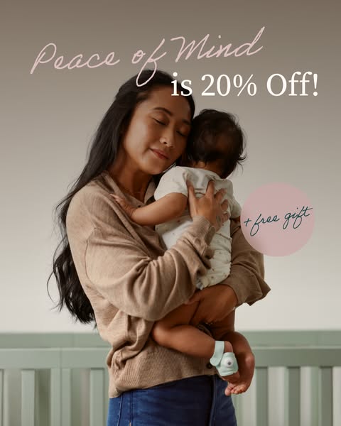 An image ad showing a woman holding a baby wearing Owlet Dream Sock. The ad promotes a discount and a free gift.