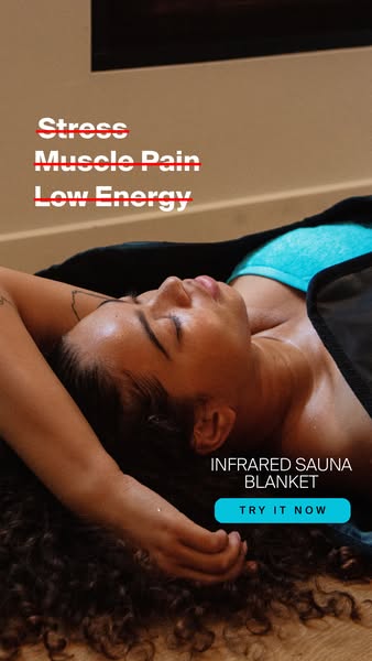 This ad promotes an infrared sauna blanket as a solution for stress, muscle pain, and low energy. It features an image o